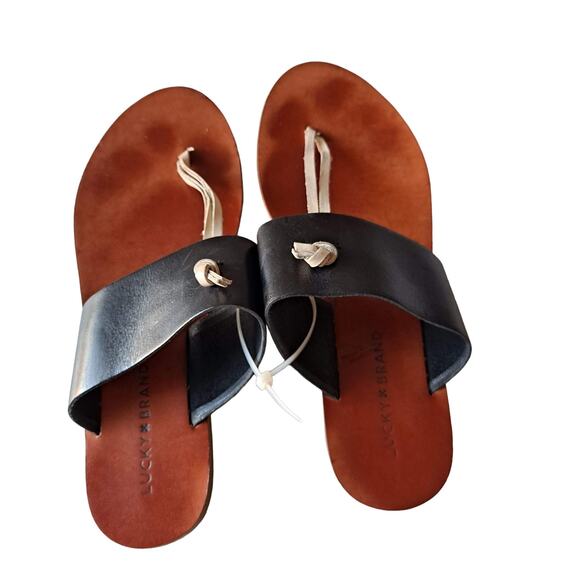 Lucky Brand Ari Black Leather White Knot Slide Thong Flat Sandals - Size 8M - Picture 2 of 10